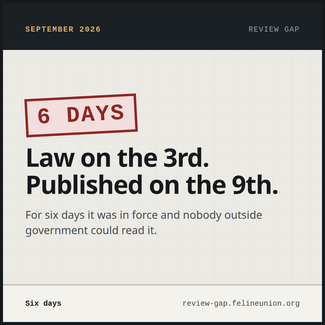 A share card reading: Law on the 3rd. Published on the 9th.